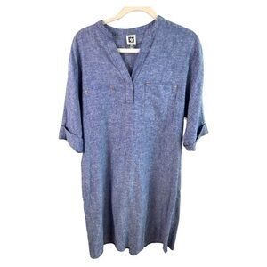 Anne Klein Dress Womens 2 Linen Tunic 3/4 Sleeves Pockets Chambray Viscose